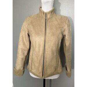 Charter Club Tan Faux Suede Sherpa Full Zip Jacket Womens Petite Embroider Coat